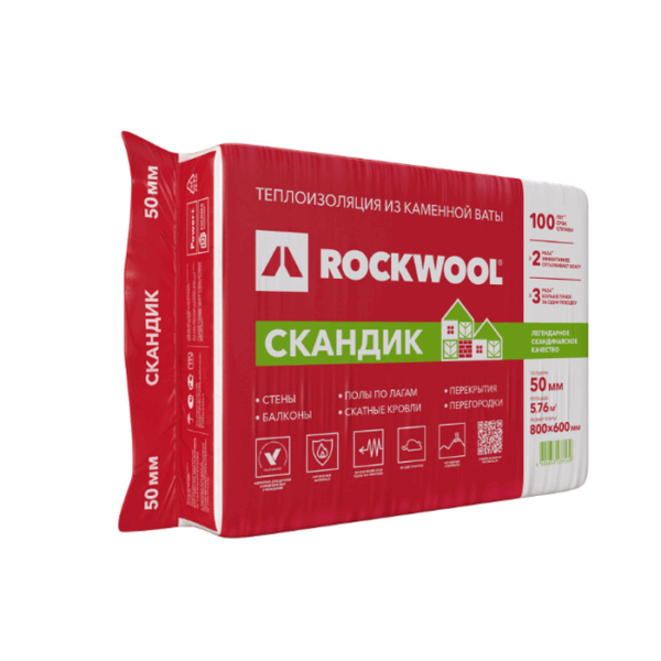 Минеральная вата ROCKWOOL Лайт Баттс Скандик 35 кг/м3 800х600х50 мм х 12 шт (0,288 м3/упак; 5,76 м2/упак), упак