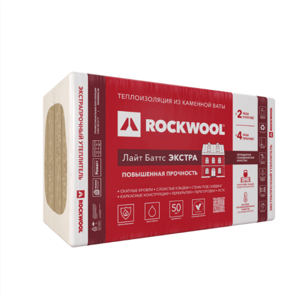 Минеральная вата ROCKWOOL Лайт Баттс Экстра 50 кг/м3 1000х600х100 мм х 4 шт (0,24 м3/упак; 2,4 м2/упак), упак