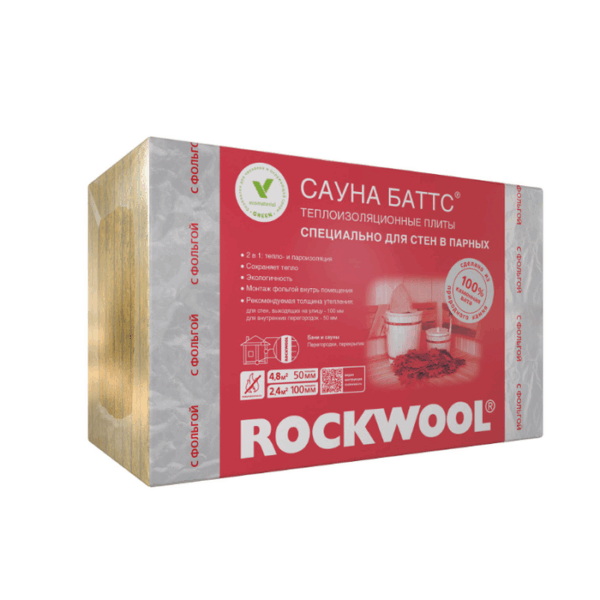 Минеральная вата ROCKWOOL Сауна Баттс 40 кг/м3 1000х600х50 мм х 8 шт (0,24 м3/упак; 4,8 м2/упак), упак