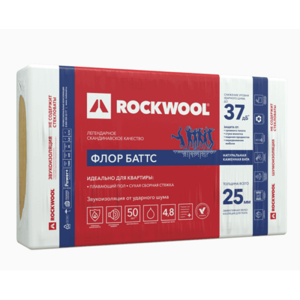 Минеральная вата ROCKWOOL Флор Баттс 125 кг/м3 1000х600х25 мм х 8 шт (0,12 м3/упак; 4,8 м2/упак), упак